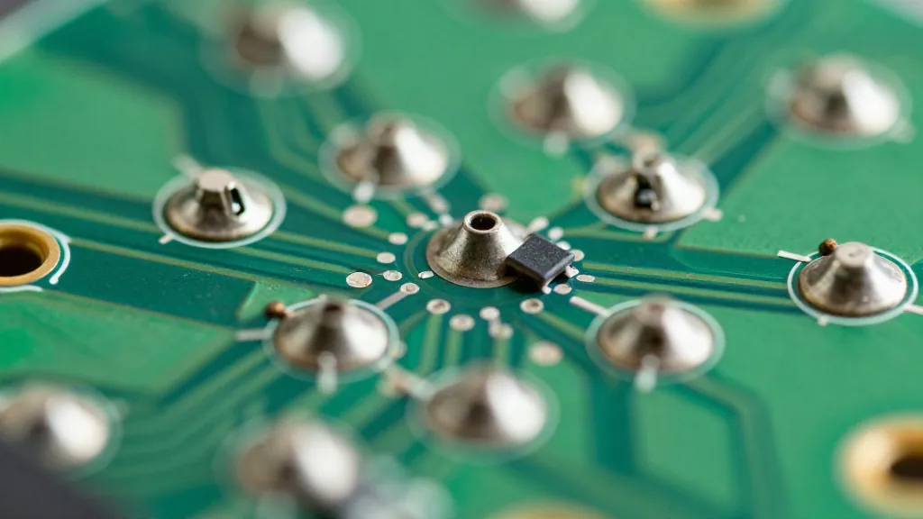 Macro de una placa de circuito impreso con sus soldaduras