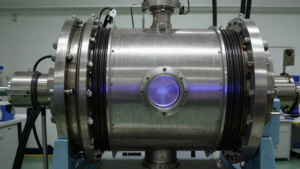 Cámara de vacío con bobinas magnéticas y resplandor de plasma en un banco de pruebas