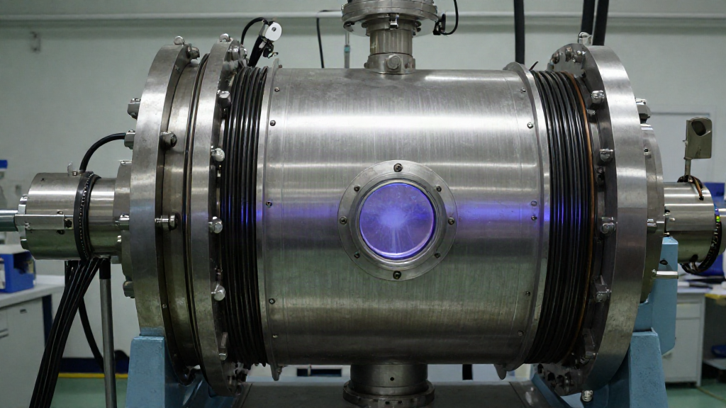 Cámara de vacío con bobinas magnéticas y resplandor de plasma en un banco de pruebas
