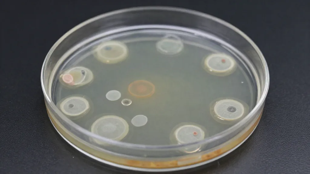 Placa de Petri con calvas circulares sobre un cultivo de bacterias