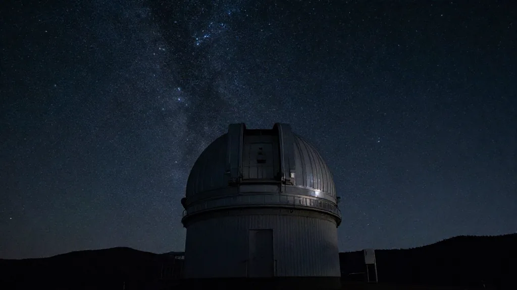 Cúpula de observatorio abierta de noche bajo un cielo estrellado