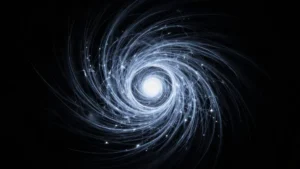 Vórtice turbulento representado como filamentos luminosos que convergen en un punto