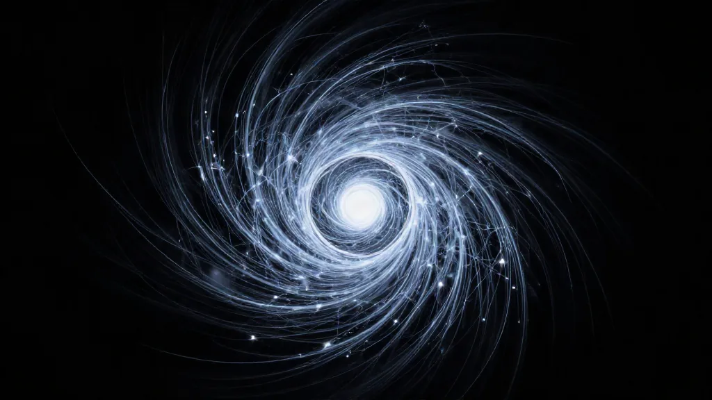 Vórtice turbulento representado como filamentos luminosos que convergen en un punto