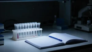 Una gradilla de viales de laboratorio junto a un cuaderno de notas
