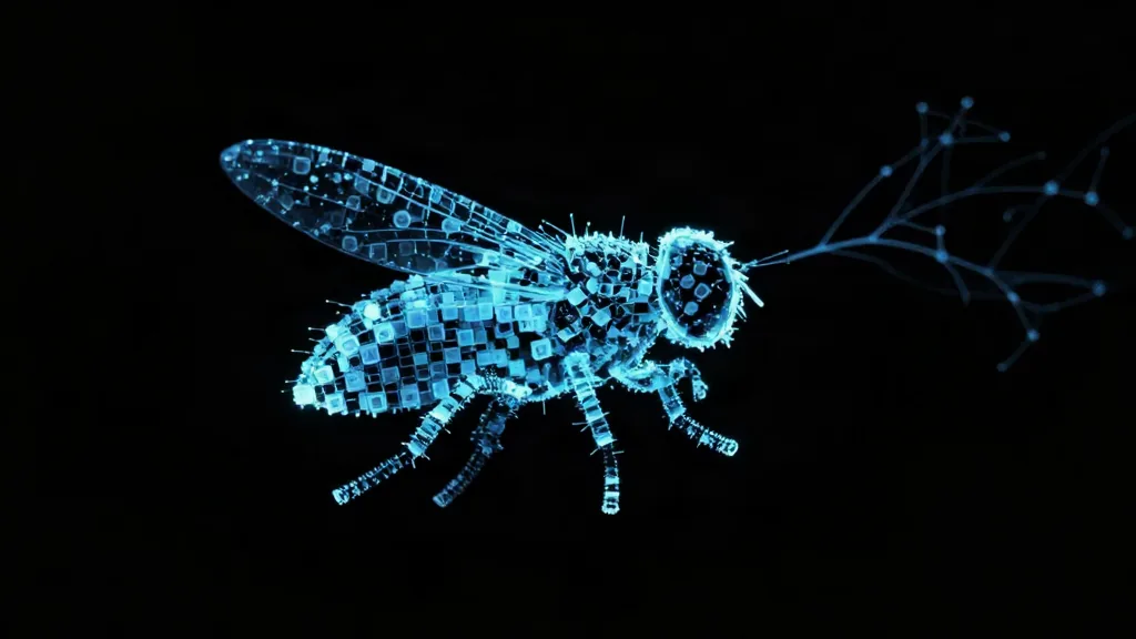 Enjambre de vóxeles luminosos con forma de mosca sobre fondo negro